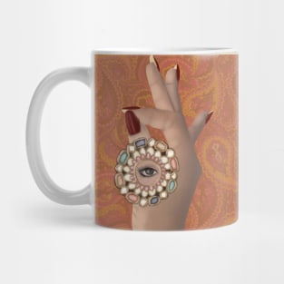 Desi Indian hand with beautiful colourful mirror arsi and eye with background Mug